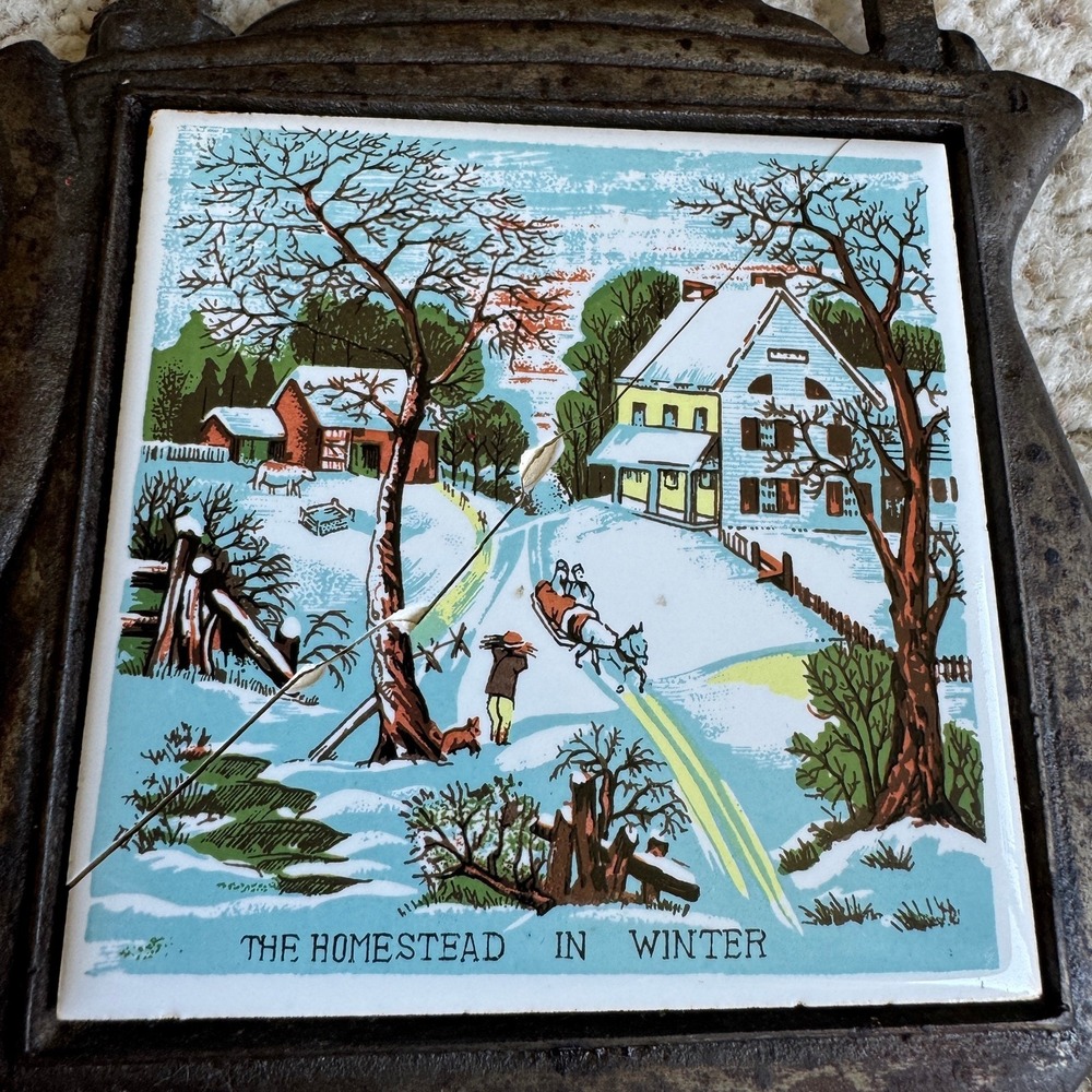 Vintage Cast Iron Teapot Trivet The Homestead in Winter Ceramic Tile Taiwan - Picture 3 of 9